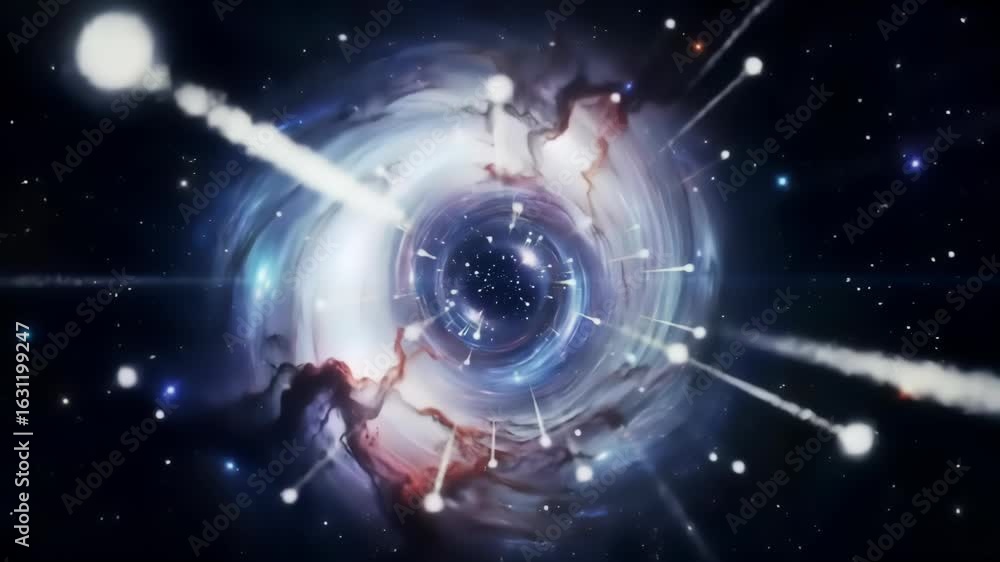 Poster a mesmerizing cosmic animation features a central swirling vortex with radiant light trails against 