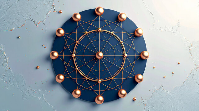 A striking 3D render of a geometric network with golden spheres on a textured background, symbolizing business connections, innovative technology, or interconnected data systems.
