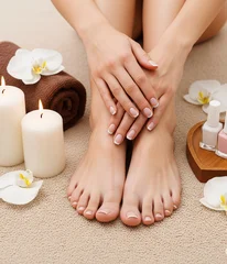Stickers Pedicure French pedicure treatment for a woman's sensual legs and feet in a wellness spa salon  © Handi