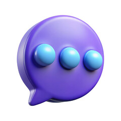3d rendering of a purple speech bubble with three blue dots indicating typing or thinking process isolated on transparent background