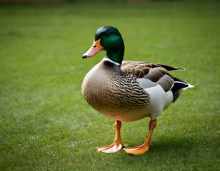 Fototapeta premium A full-body mallard duck with green grass Background PNG.
