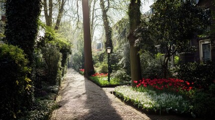 Sunlit pathway through a lush garden filled with tulips.