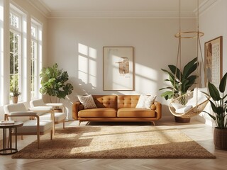 Fototapeta premium A lovely living room with a brown sofa and white ones with hanging swings.