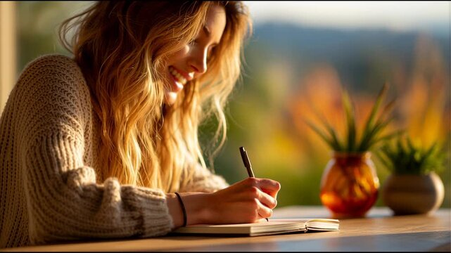 Woman with Long Hair Writing Positive Affirmations in Notebook Surrounded by Plants and Warm Lighting in Cozy Setting