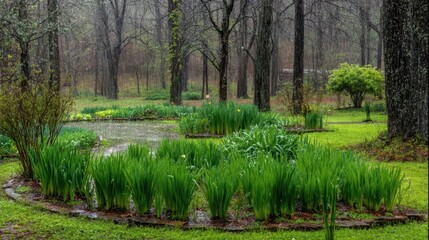 Lush garden with rain-filled ponds in a wooded area.