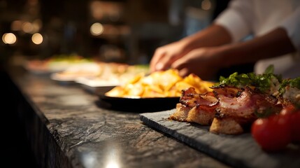 Waiter serving dishes at a buffet counter with hotel dining lighting and sharp focus