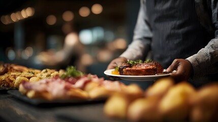 Waiter serving delectable dishes at a sumptuous buffet