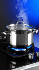 Pot on a gas stove, steaming