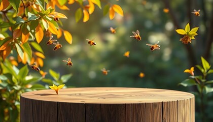 Empty wooden podium with flying bees and leaves, natural background, eco, template