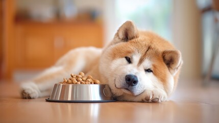 A relaxed Akita dog lies on the floor resting its head beside a metal bowl filled with dry dog food.
