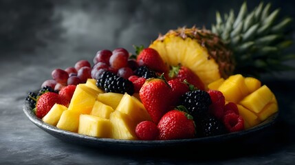 Mixed tropical fruit platter with vibrant lighting and sharp focus