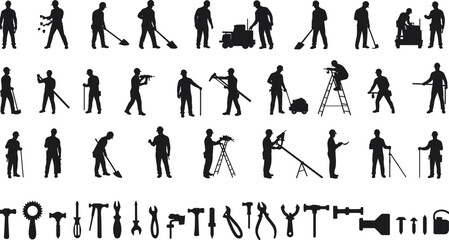Construction workers, silhouettes, hand tools, vector icons, industrial equipment, black figures, engineering symbols, factory tools
