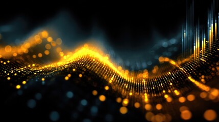 Abstract glowing digital wave of particles with futuristic bar graph elements