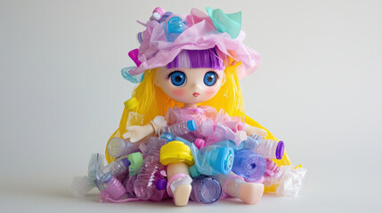 Colorful doll with big blue eyes wearing hat and dress made of plastic bottles and caps, sitting on white background
