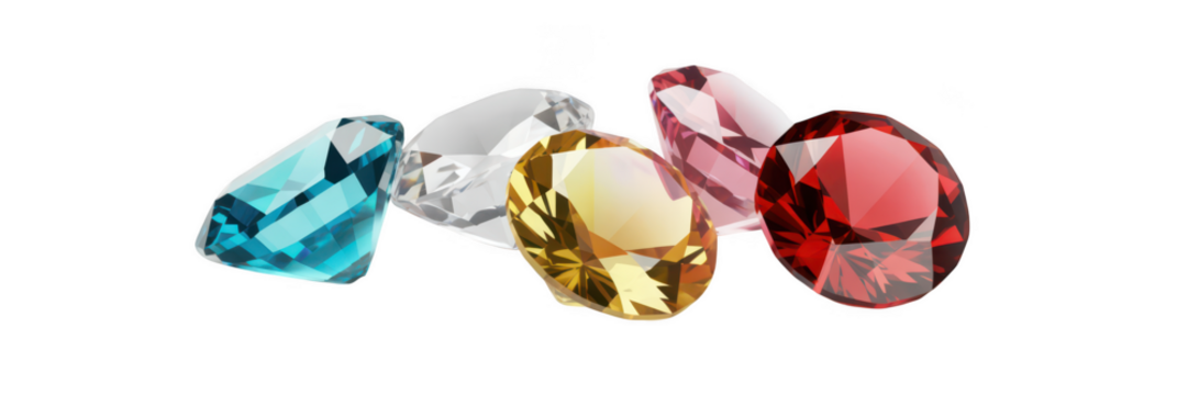 Collection of colorful faceted gemstones isolated on transparent background