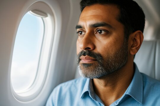 Thoughtful man gazing out airplane window with natural light illuminating face, evoking a travel or contemplation concept during flight journey.