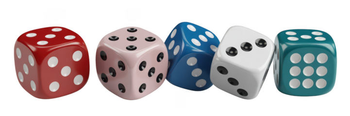 Collection of colorful dice showing different numbers isolated on transparent background