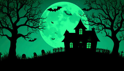 Spooky Halloween House with Green Moon.