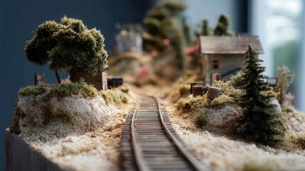 Miniature train track winding through a detailed landscape with houses and trees, evocative of childhood memories and model building.