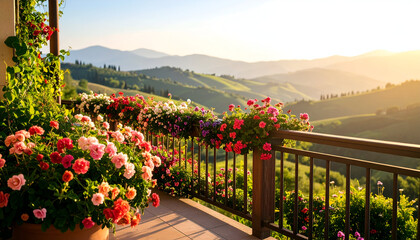 Fototapeta premium Tuscan sunrise balcony flowers.