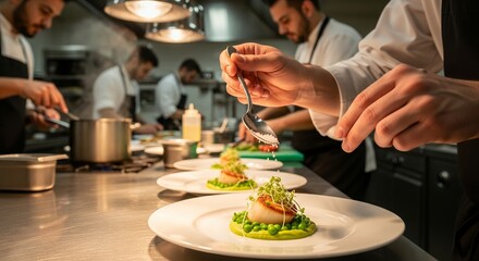Chef's hands garnishing seared scallops on pea puree with microgreens in a professional kitchen concept for culinary presentation, restaurant menu design and food blog content.