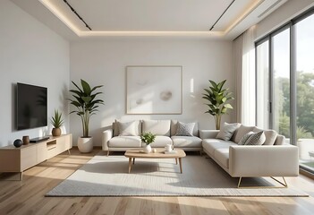 Naklejka premium Bright modern living room interior with sofa plants and large window background