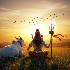 Divine being with trident and bull lord shiva nandi bull