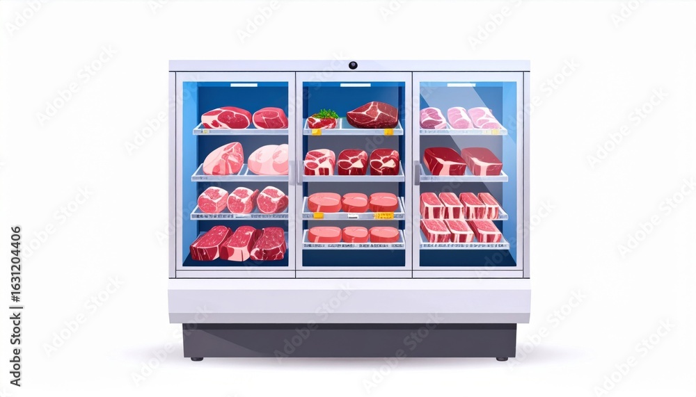 Poster Meat Display Refrigerator with Assorted Cuts in a Store with Fresh Food Selection