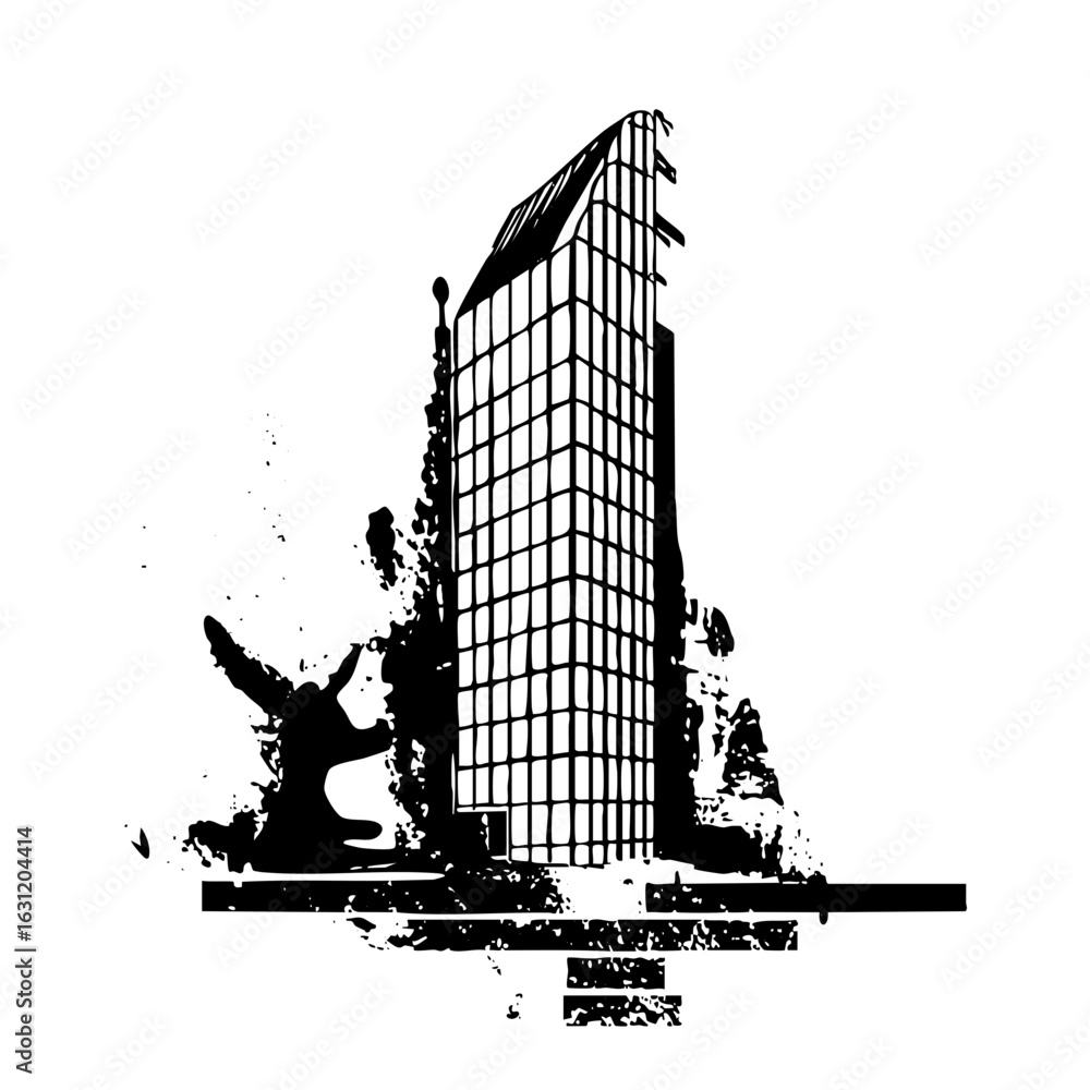 Poster vector modern skyscraper and abstract figure in monochrome style.