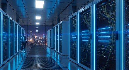 Data center server room with system administrator observing digital network. Concept for cloud computing infrastructure management, data security analysis and network hardware installation