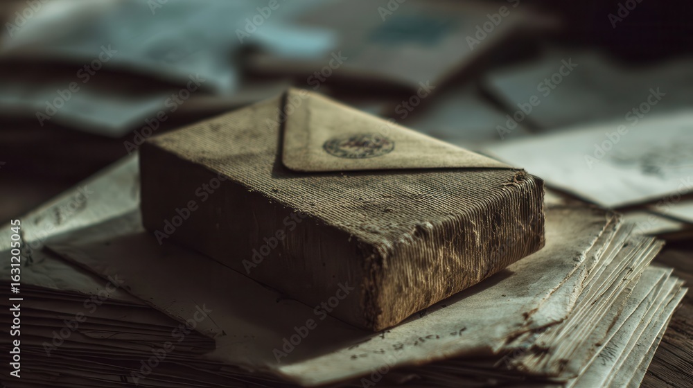 Poster aged envelope resting on a stack of old documents.
