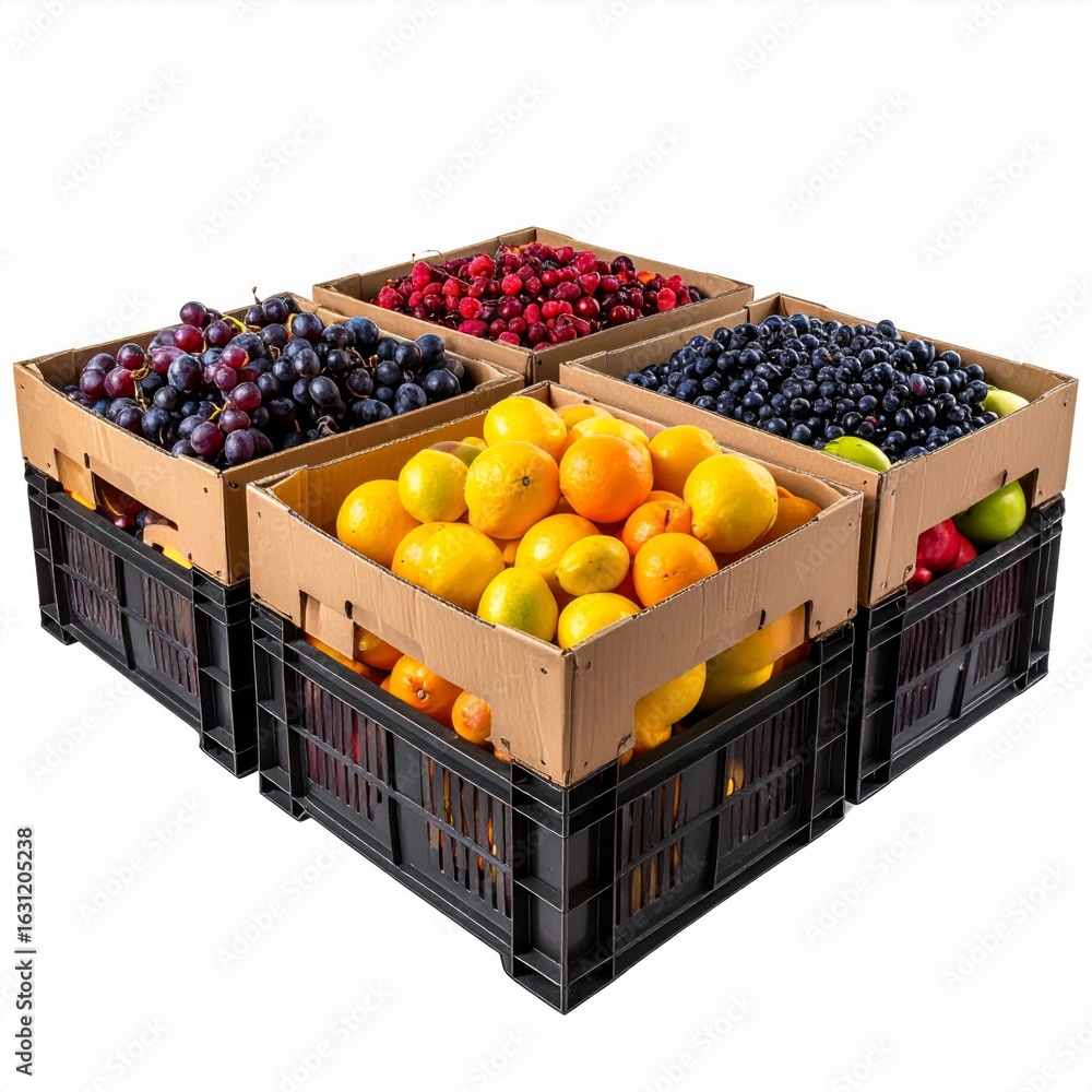 Poster abundant fruit display featuring grapes cranberries lemons blueberries and apples in crates stacked 