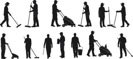 Silhouette cleaning workers vector, janitor icons, people using mop, vacuum, bucket, floor sweeper, professional cleaner illustrations, black design elements