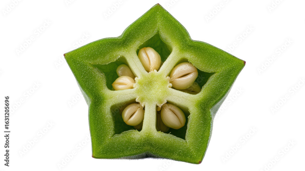 Poster green okra slice isolated on transparent background showing seeds and star shape with fresh texture