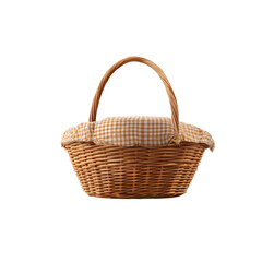 Obraz premium Light beige wicker picnic basket with cream and tan checkered lining