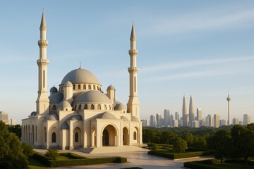Naklejka premium Majestic mosque with domes and minarets in foreground under soft daylight, modern city skyline in distant background with clear blue sky.