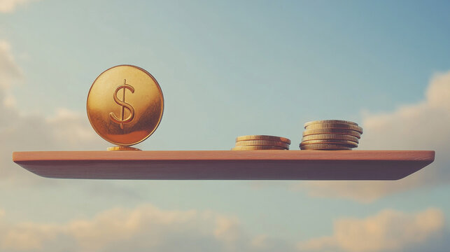 Gold coin dollar sign balances stacks of coins on wooden board against sky - Powered by Adobe