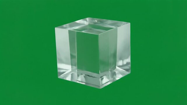 A transparent glass cube rotates on a solid green screen. This animation is ideal for chroma key compositing, suitable for tech concepts, presentations, or as a placeholder for graphics and logos.