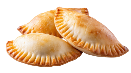 Baked empanada isolated on transparent background with golden crust and delicious filling visible in close up view