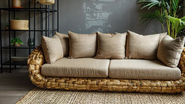 selective focus natural sofa with coconut fiber