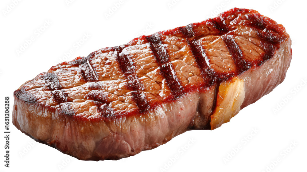 Poster grilled steak isolated on transparent background with juicy texture and charred grill marks showing 