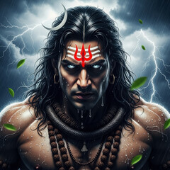 Fierce deity with glowing eyes and stormy backdrop