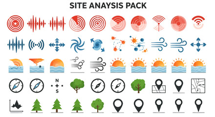 Collection of colorful site analysis icons, including sound waves, weather patterns, compass, trees, and location markers.
