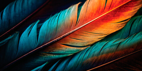 Macro shot of a vibrant feather with orange to blue gradient and fine texture details.