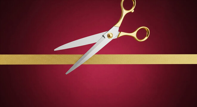 Elegant gold scissors cutting golden ribbon against rich burgundy backdrop for grand opening event or celebration