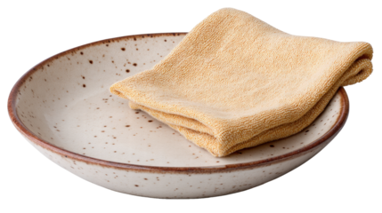 Folded yellow towel isolated on ceramic plate on transparent background with soft texture and fabric detail