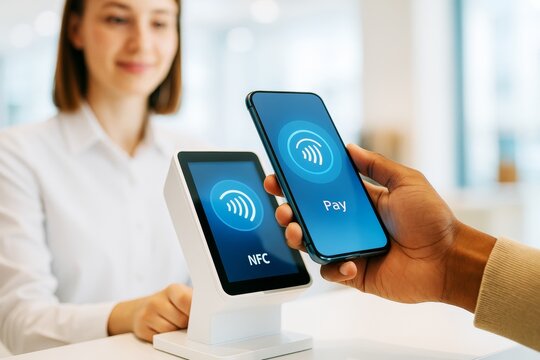 Contactless mobile payment with smartphone using NFC technology at point of sale terminal in modern store, close-up shot on bright background. Ai generative