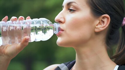 Profile of a Sweaty Woman Drinking Water from a Clear Bottle Outdoors