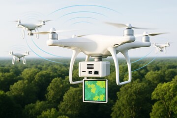 Smart drones with sensors flying over forest capturing environmental data with digital mapping on bright clear background in daylight sky. Ai generative