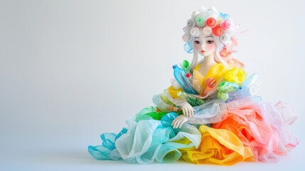 Fototapeta premium Colorful doll with plastic bottle curls and flowing fabric dress sits gracefully on white background
